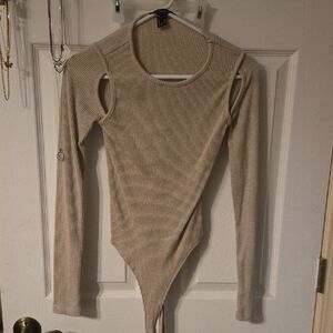 Forever 21 Ribbed Long-Sleeve Scoop Bodysuit in Tan